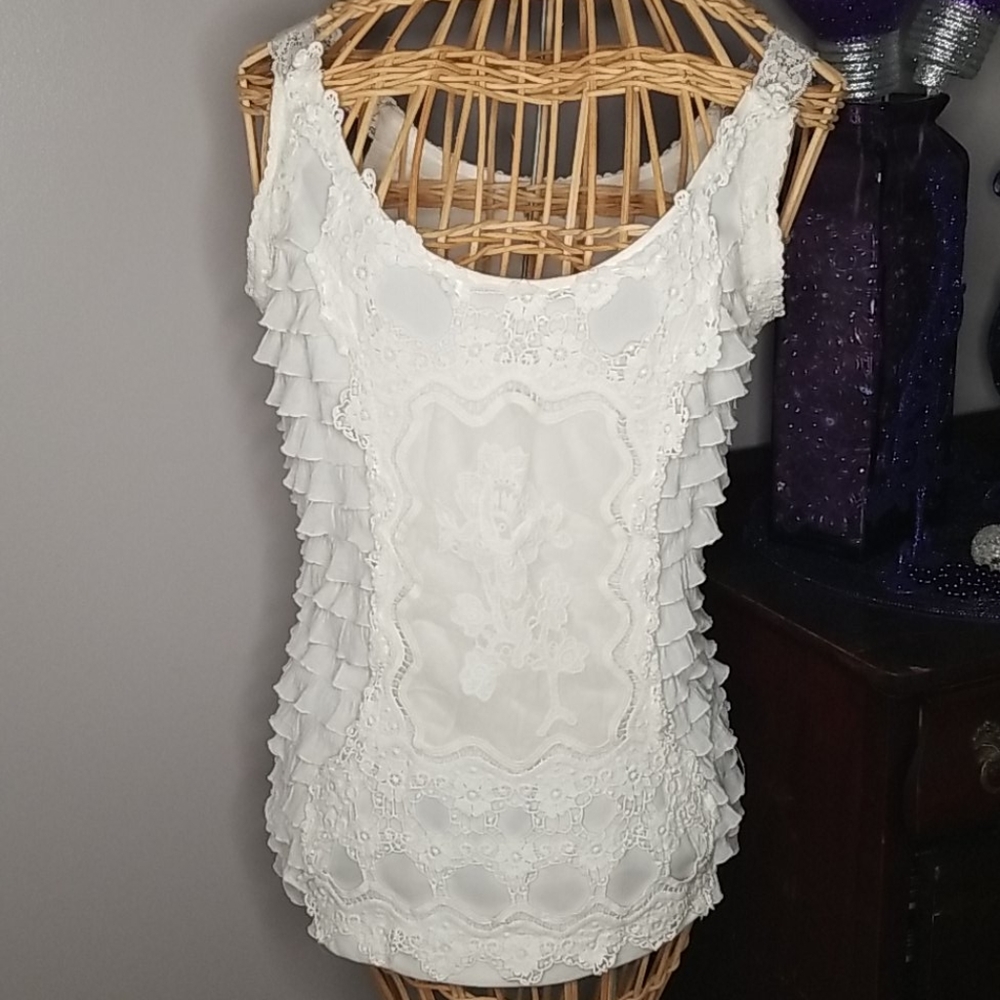 Charlotte Russe Small White Crochet Lace and Ruffles Tank Top
